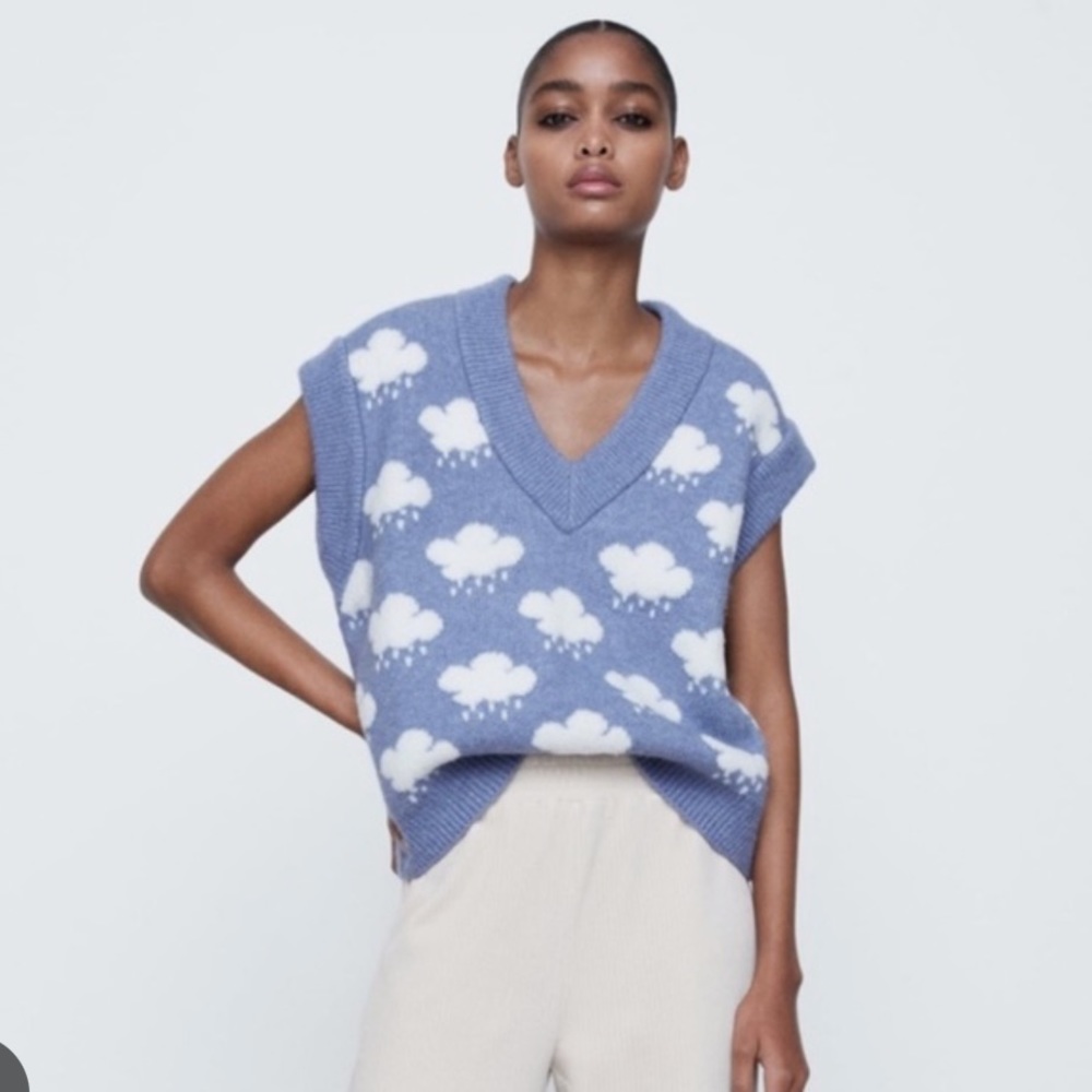 Zara Blue and White V-Neck Sweater Vest